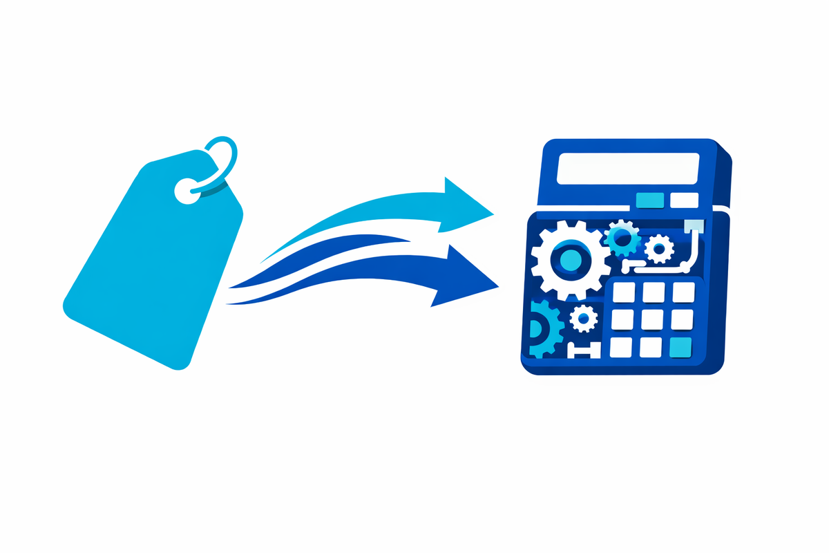 Price tag transforming into a total cost calculator with gears symbolizing ERP cost evaluation and alternative a SAP Business