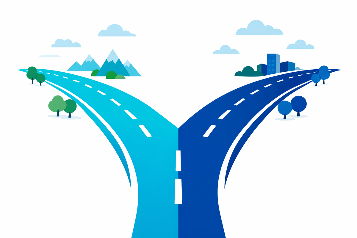 Two diverging paths representing SAP and Microsoft ecosystems as alternative a SAP Business One choices