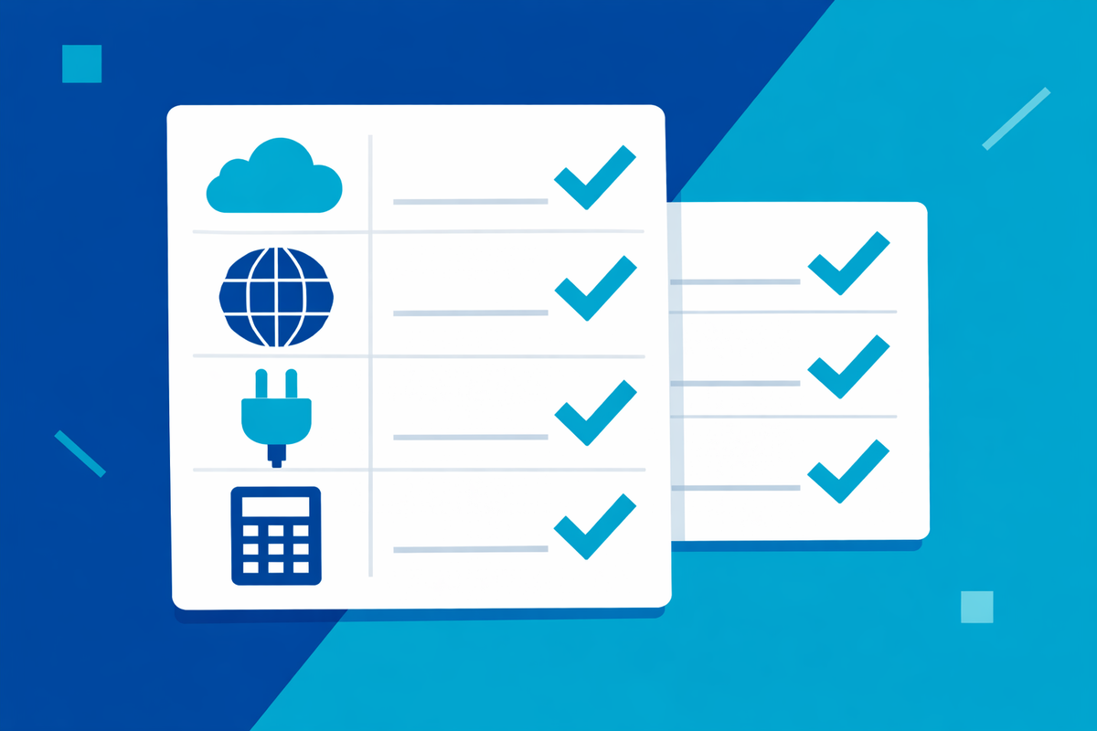 Checklist with icons for cloud, globe, plug, and calculator illustrating alternative a SAP Business One comparison