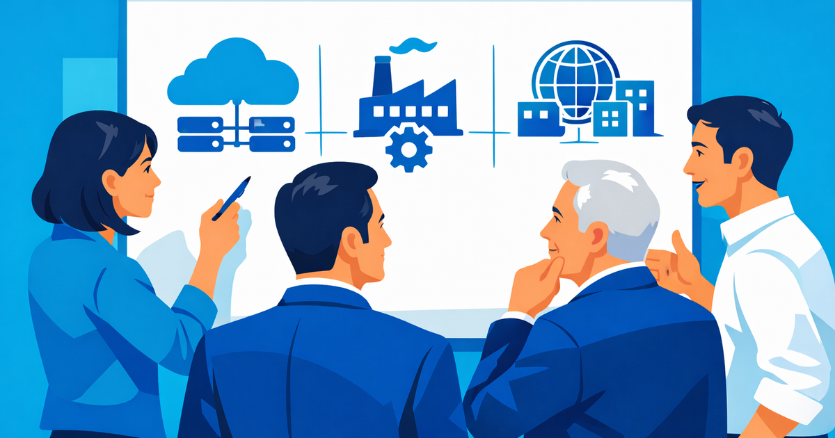 Italian SME leadership team comparing ERP options with cloud and global office icons as alternative a SAP Business One