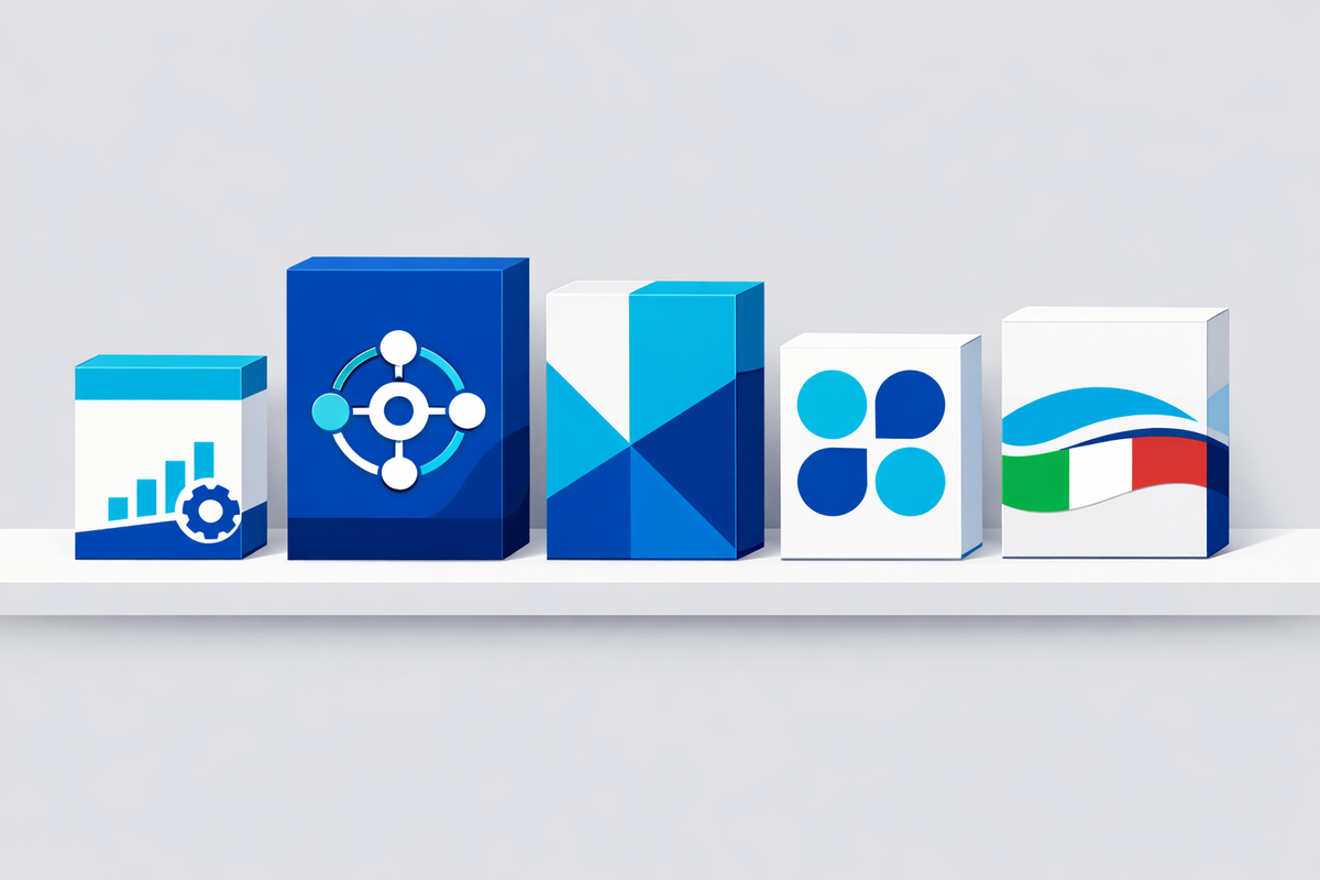 Five ERP product boxes representing alternative a SAP Business One options displayed on a shelf