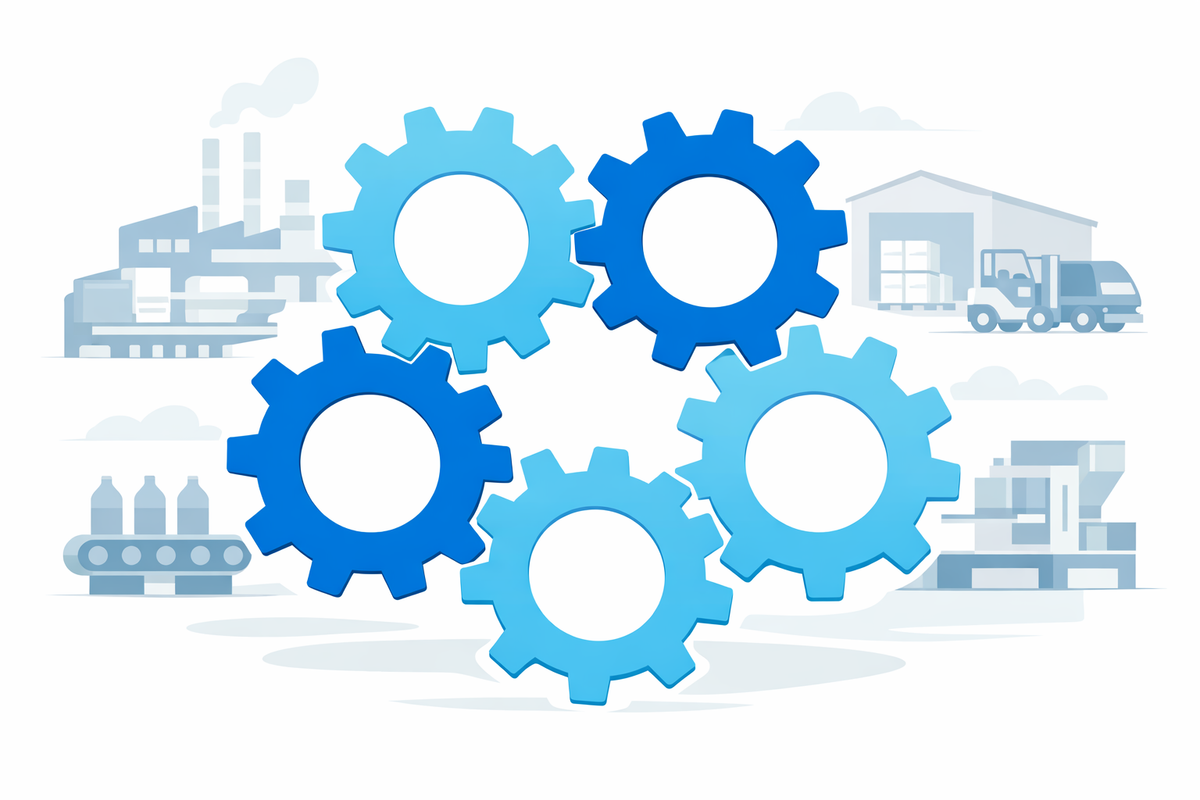Ingranaggi interconnessi che rappresentano l’integrazione tra ERP, qualità, magazzino, produzione e logistica