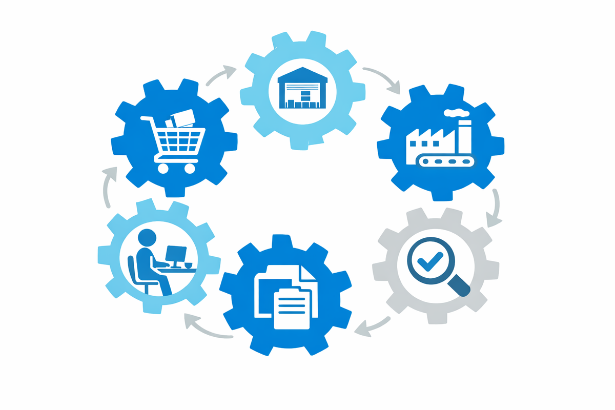 Interconnected gears symbolizing integrated business functions in automazione processi con ERP per PMI manifatturiere