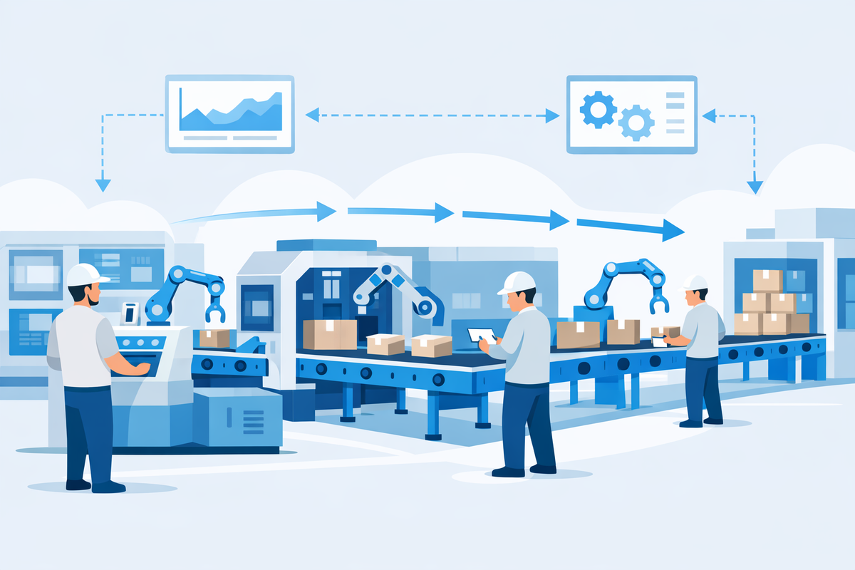Smooth production line workflow illustrating reduced errors and bottlenecks in automazione processi con ERP per PMI manifattu