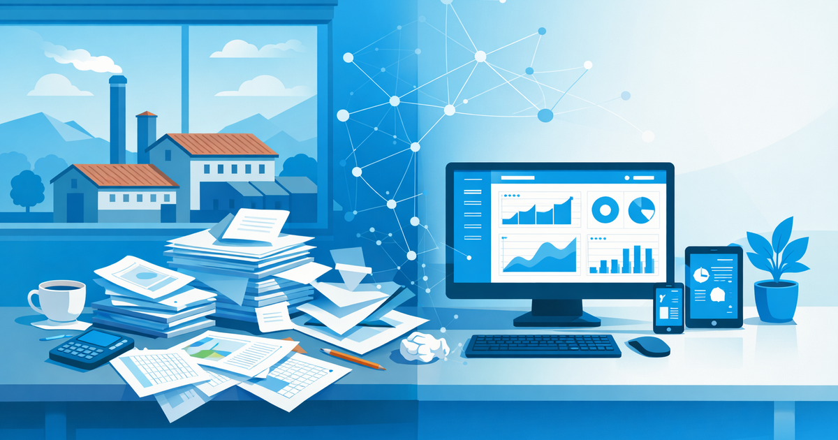 Digital transformation illustrating automazione processi con ERP per PMI manifatturiere in a small Italian factory office