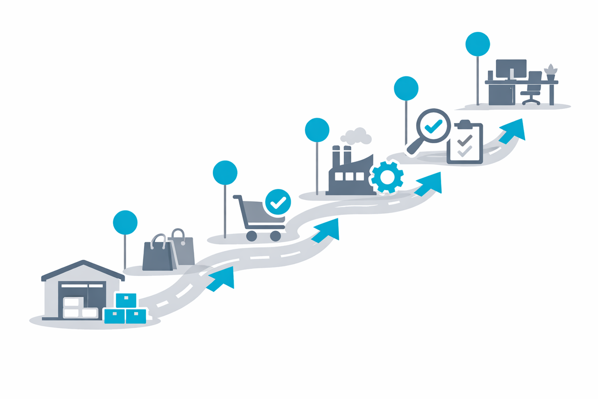Roadmap with milestones for warehouse, purchasing, production, quality, and administration in automazione processi con ERP pe