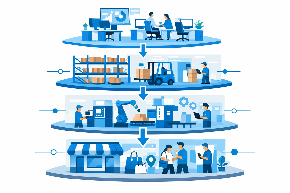 Layered systems illustration showing ERP, MES, WMS, and CRM integration in automazione processi con ERP per PMI manifatturier
