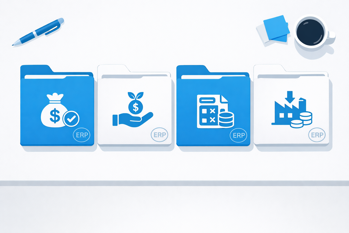 Four folders representing tax credit, grant, deduction, and amortization with ERP icon for bonus fiscale 2026 per investiment