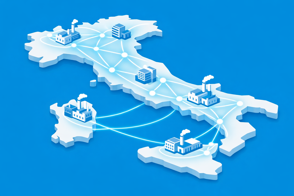 Map of Italy with factories and offices connected by digital lines illustrating access to bonus fiscale 2026 per investimenti