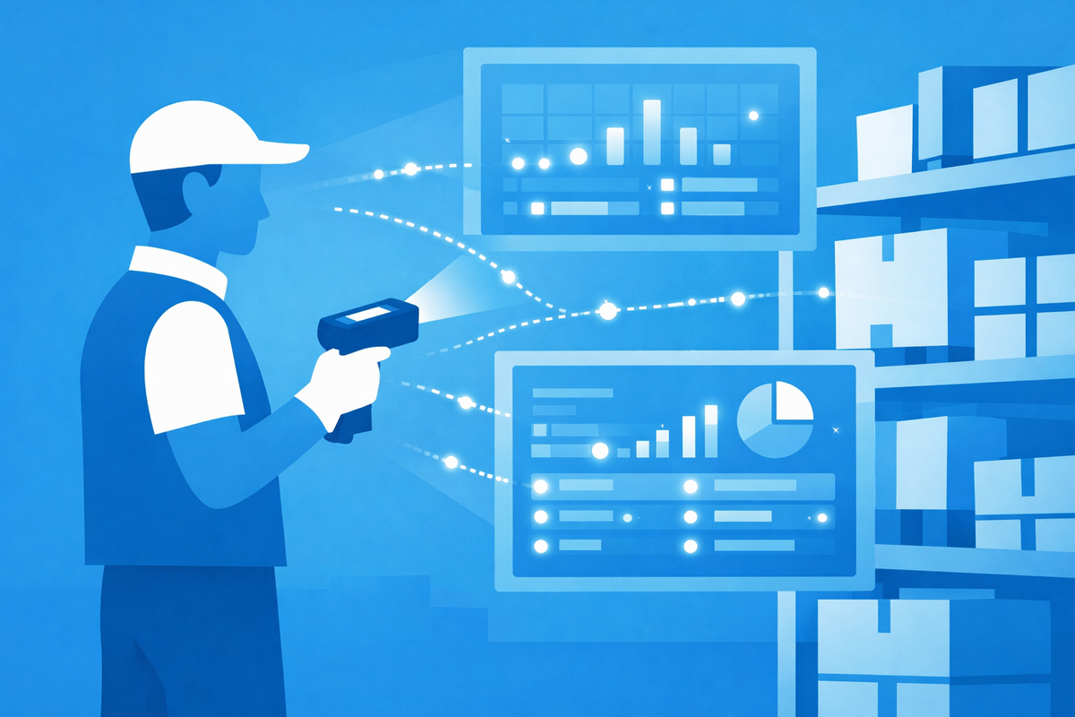 Warehouse operator scanning items with ERP updating inventory and finance for bonus fiscale 2026 per investimenti ERP