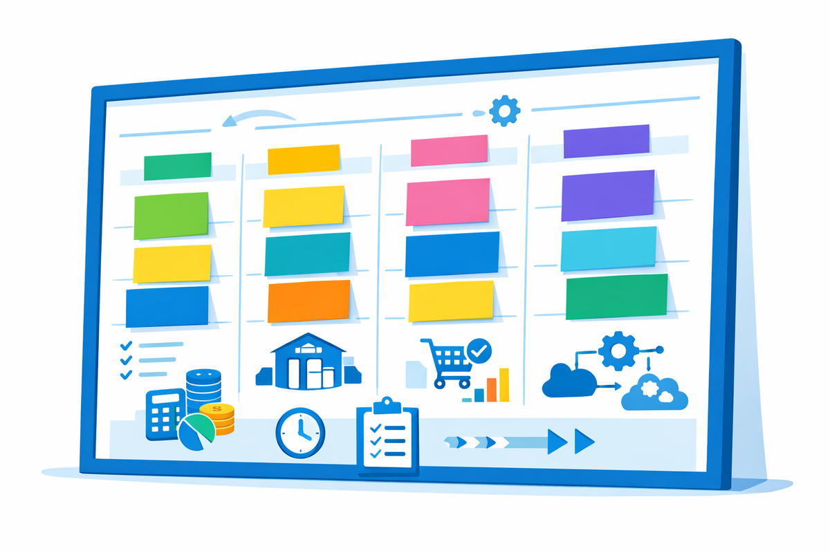 Project checklist board with finance, warehouse, sales, and integration tasks for checklist implementazione SAP Business One