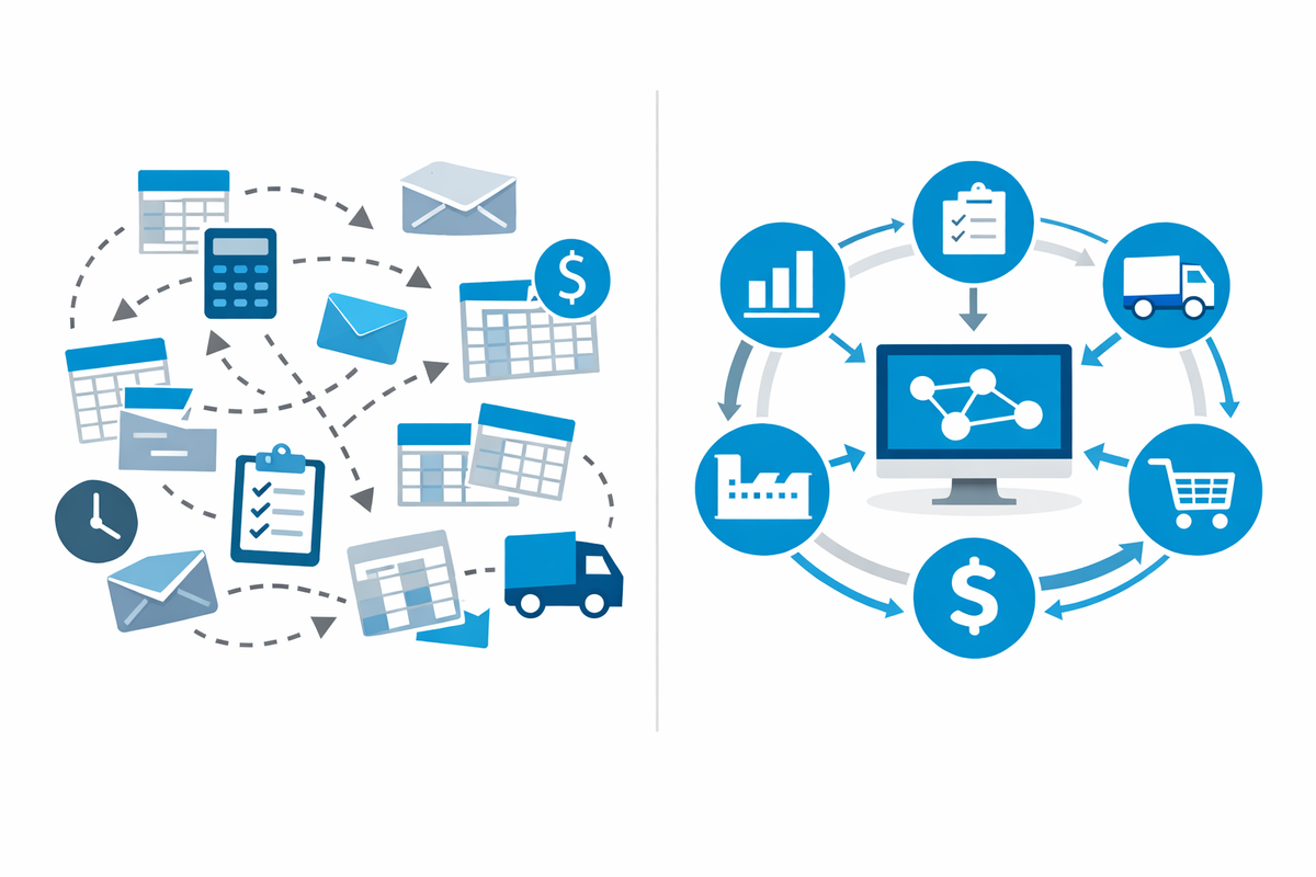 Parallel workflows contrasting fragmented spreadsheets and unified ERP system for checklist implementazione SAP Business One