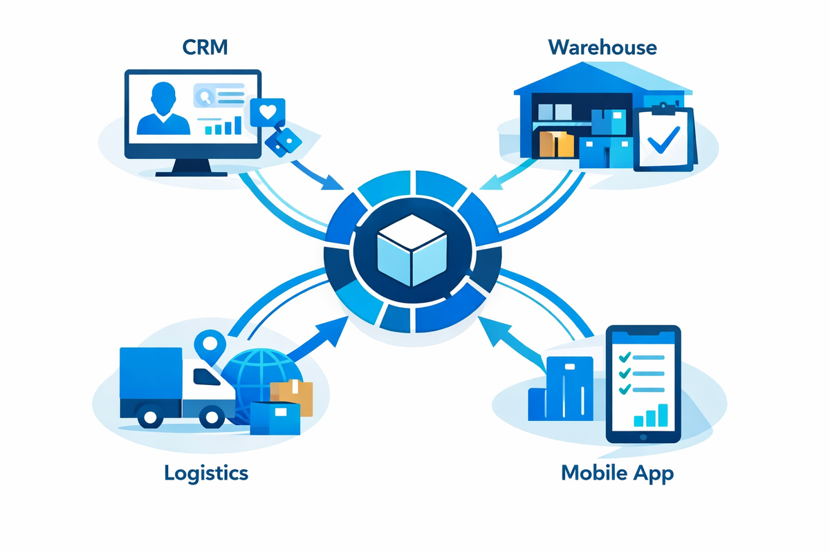 Connected CRM, warehouse, and logistics systems exchanging data via ERP hub for checklist implementazione SAP Business One