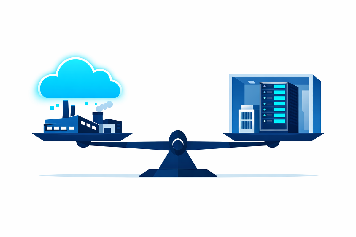 Bilancia con cloud sopra fabbrica e server on-premise che simboleggia scelta tra ERP cloud e on-premise per PMI