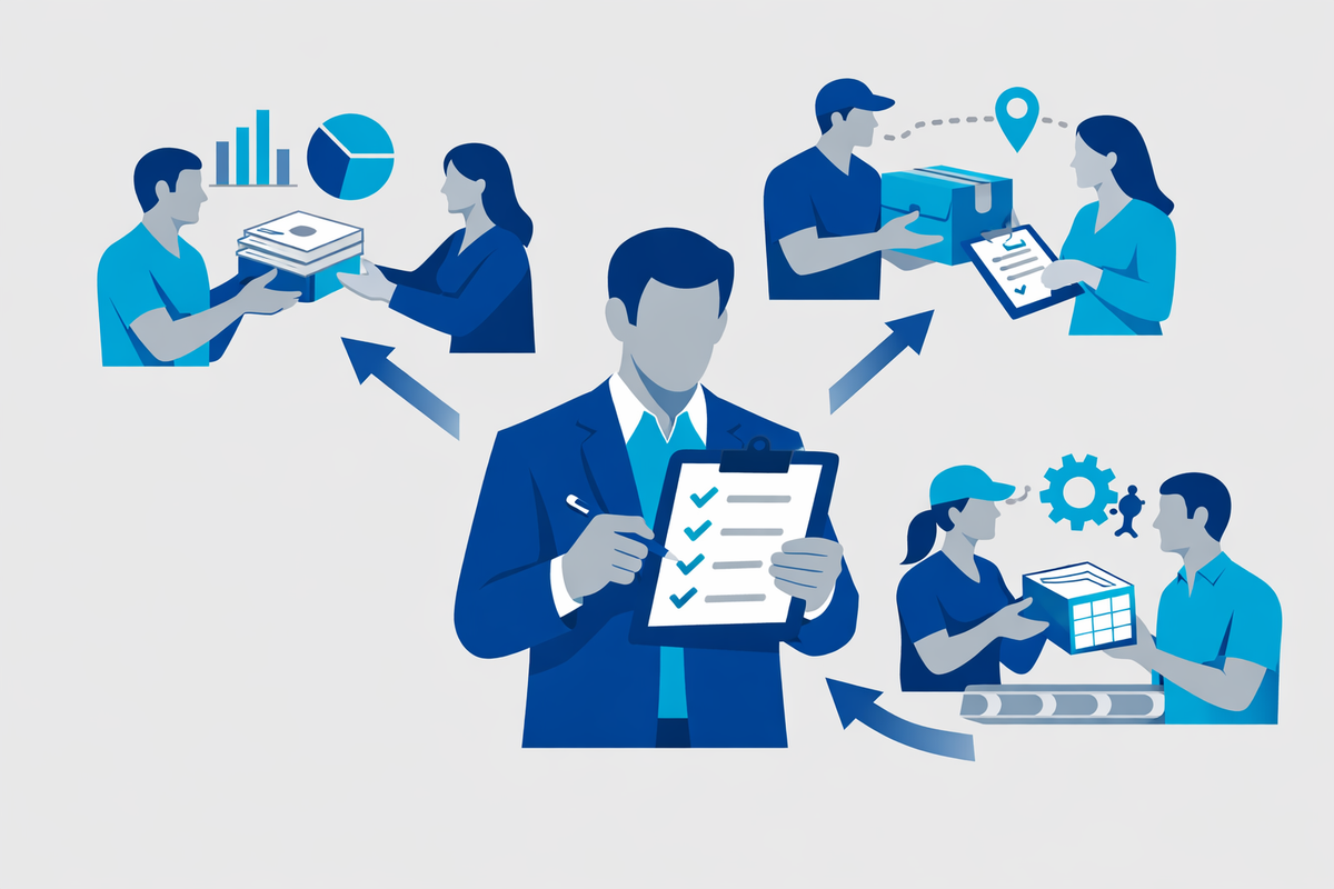 Manager che valuta una checklist mentre reparti consegnano documenti e fogli di calcolo, guida su come scegliere il miglior E