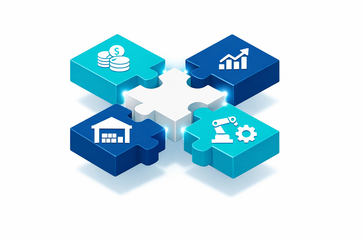 Blocchi modulari che rappresentano finanza, vendite, magazzino e produzione integrati in un sistema ERP, guida su come scegli