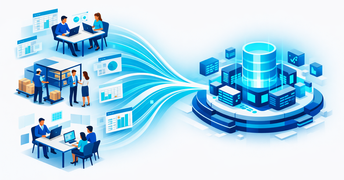 Illustrazione editoriale di una PMI italiana che integra fogli di calcolo e reparti in un unico hub ERP, come scegliere il mi