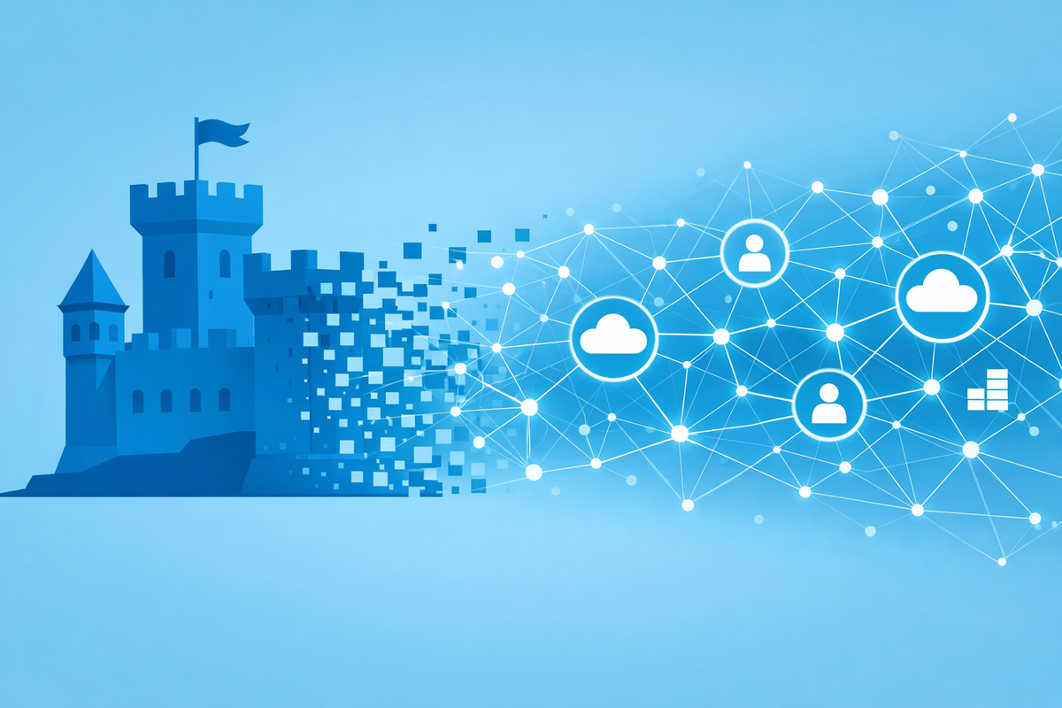 Cybersecurity 3.0 concept showing a castle wall dissolving into cloud, identity, and supplier network nodes