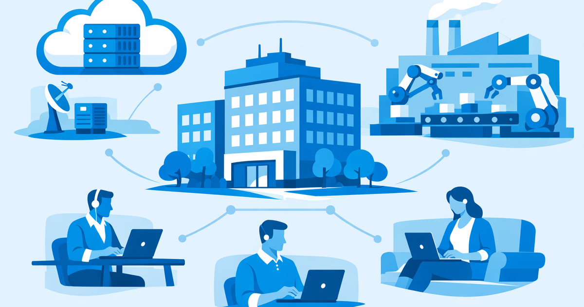 Cybersecurity 3.0 protecting a mid-sized company across cloud, factory floor, and remote work environments