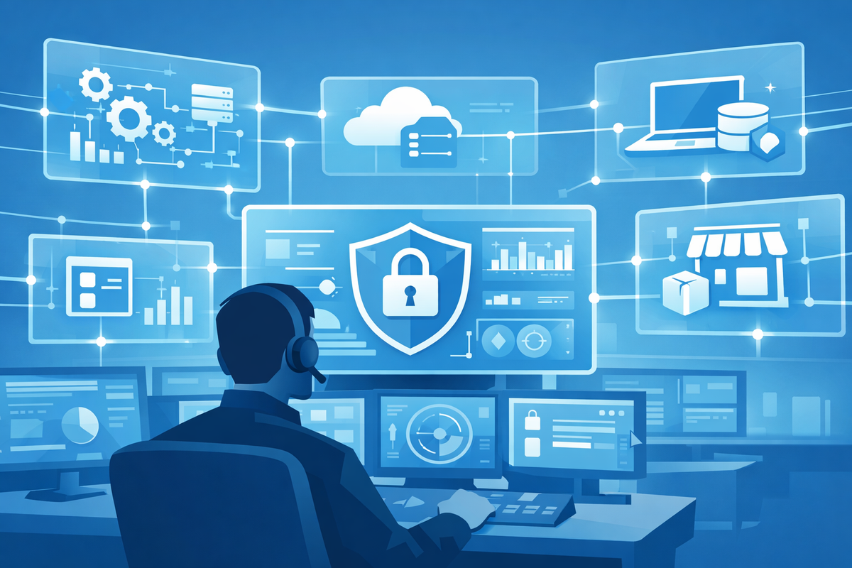 Cybersecurity 3.0 control room dashboard connecting ERP, cloud apps, laptops, and supplier portals