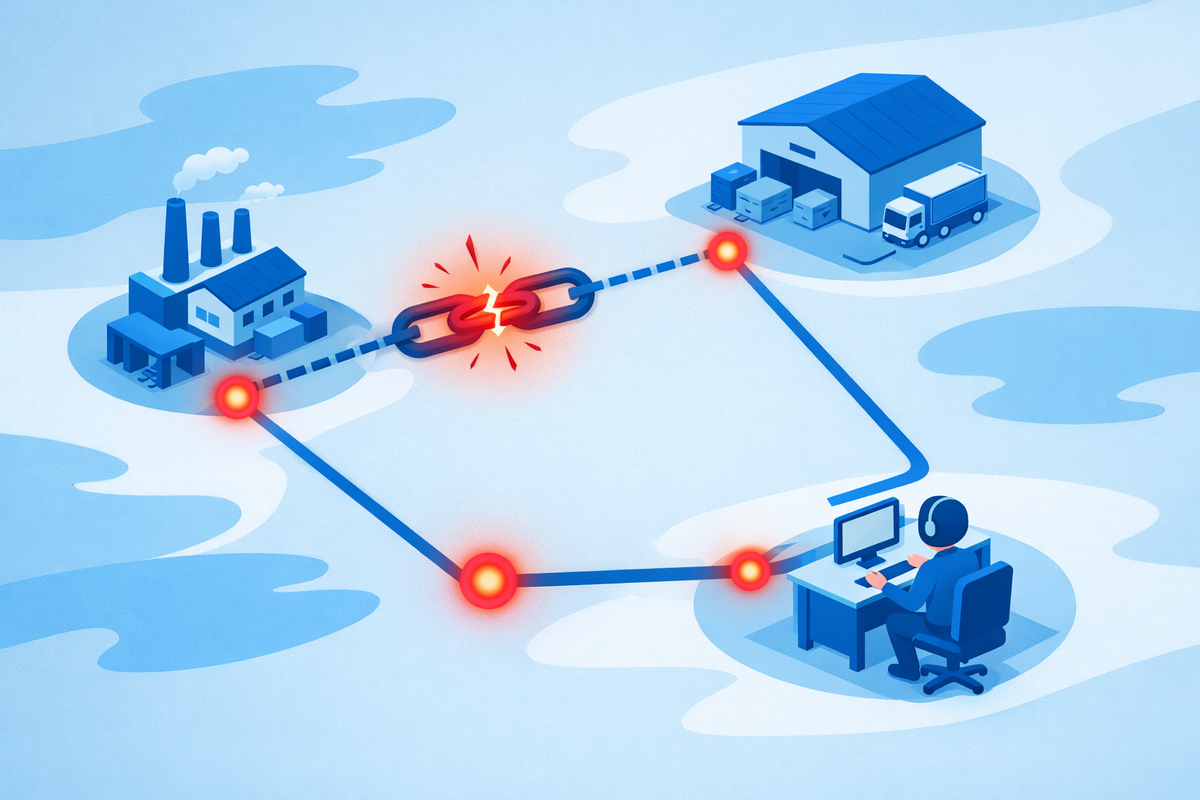 Cybersecurity 3.0 supply chain map highlighting weak links between factory, warehouse, and service desk