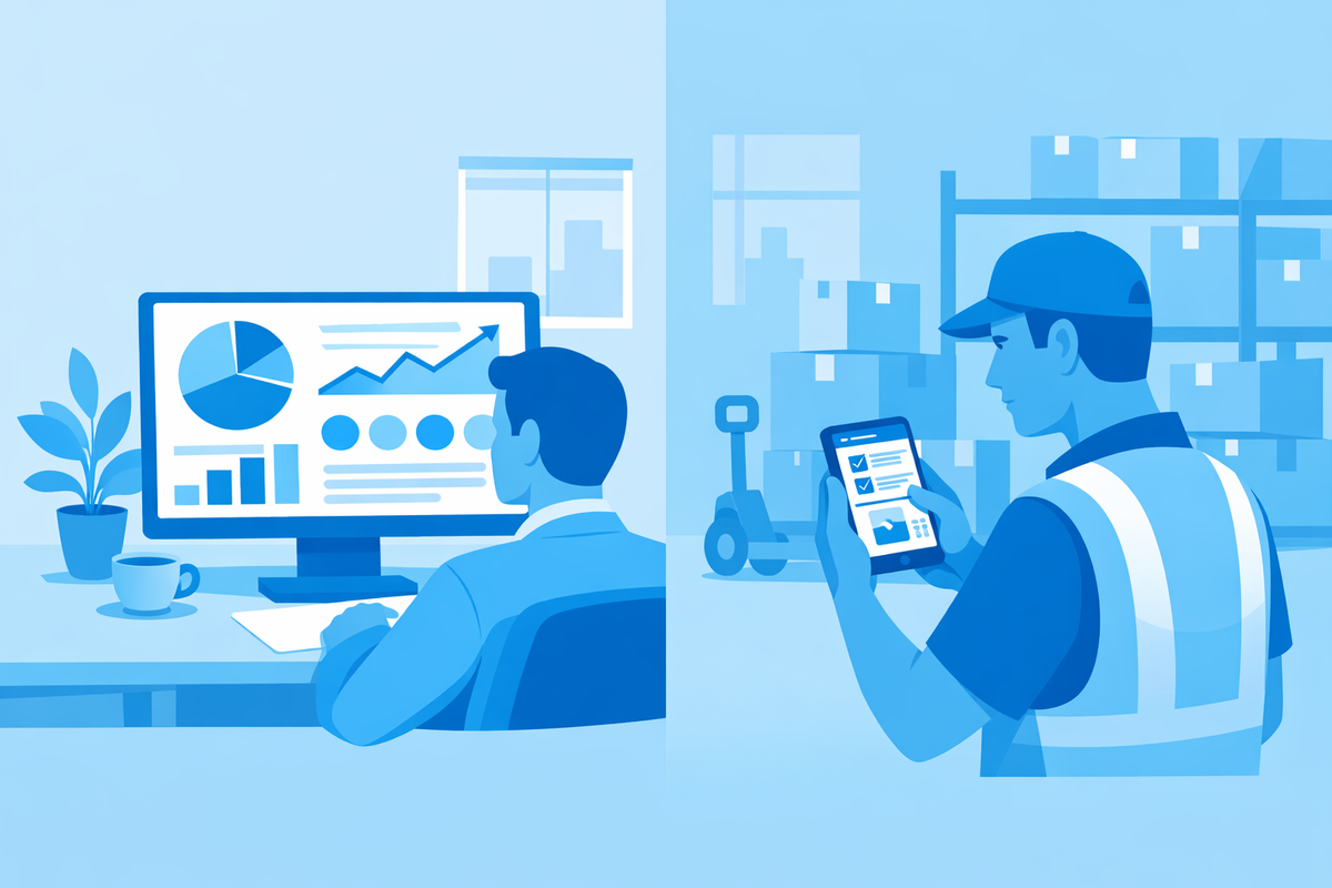 Manager viewing KPI dashboard and warehouse worker using mobile ERP showing esperienza utente nei sistemi ERP