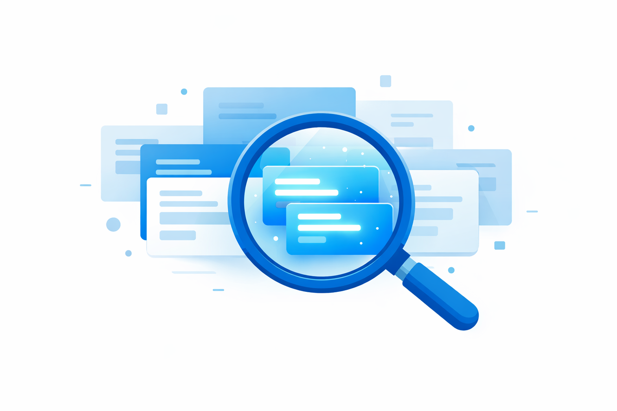Magnifying glass highlighting relevant ERP records representing semantic search in esperienza utente nei sistemi ERP