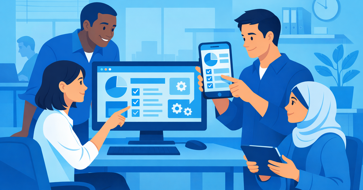 Office workers engaging with a simplified ERP interface on desktop and mobile showing esperienza utente nei sistemi ERP