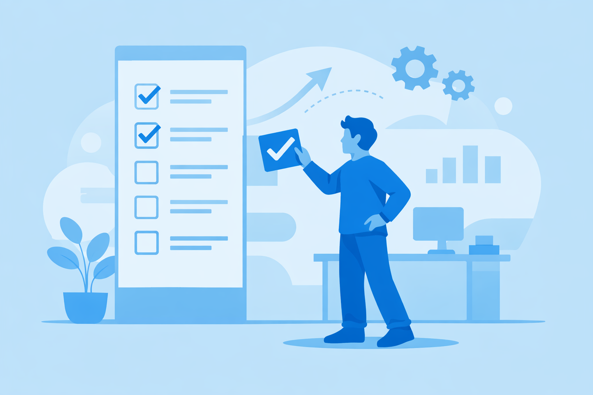 User confidently completing a guided checklist inside ERP illustrating improved esperienza utente nei sistemi ERP