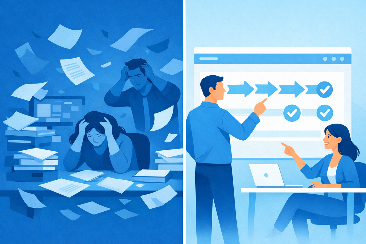 Split scene contrasting chaotic paperwork and clear ERP guided steps illustrating esperienza utente nei sistemi ERP