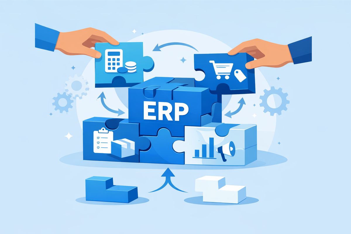 Modular building blocks representing finance, purchasing, inventory, and sales assembled for implementazione SAP Business One