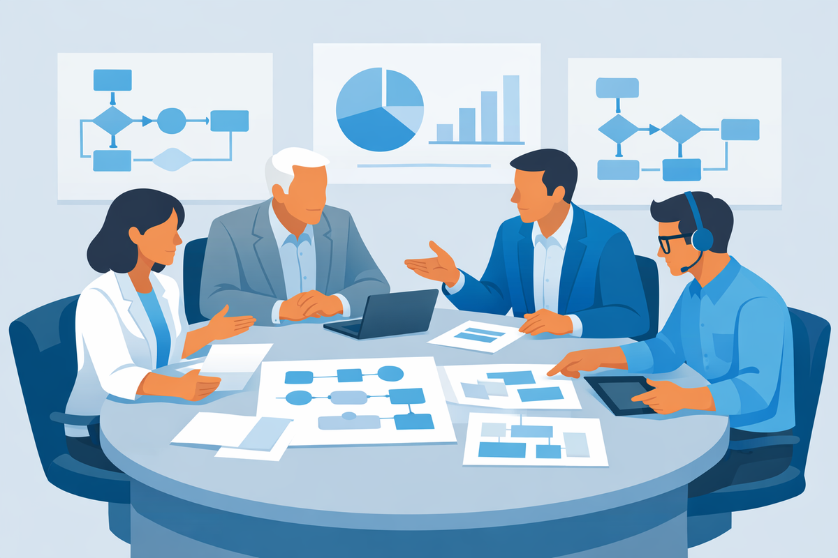 Project steering committee with CFO, COO, and IT manager collaborating on process maps for implementazione SAP Business One n