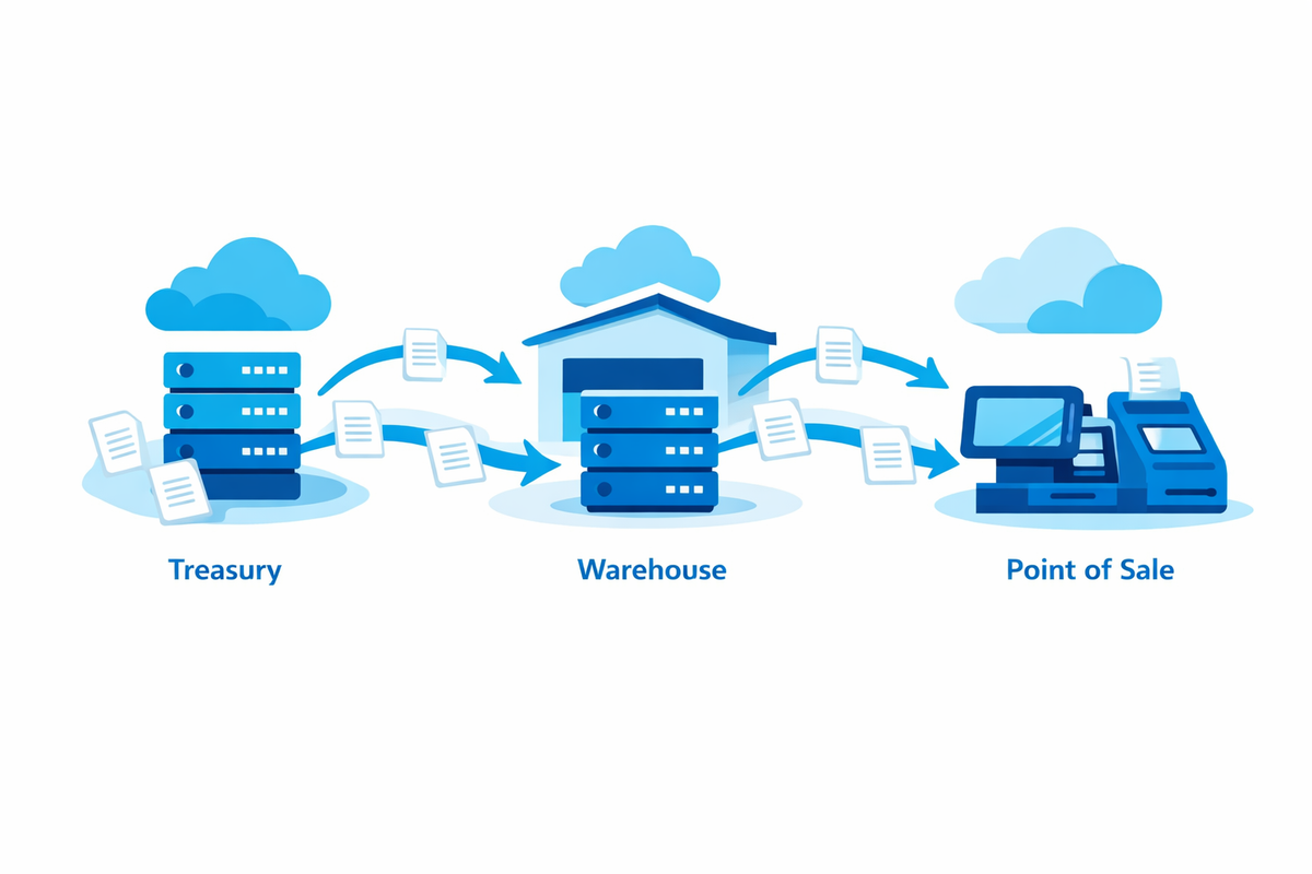Connected treasury, warehouse, and point of sale systems exchanging data for implementazione SAP Business One nelle PMI