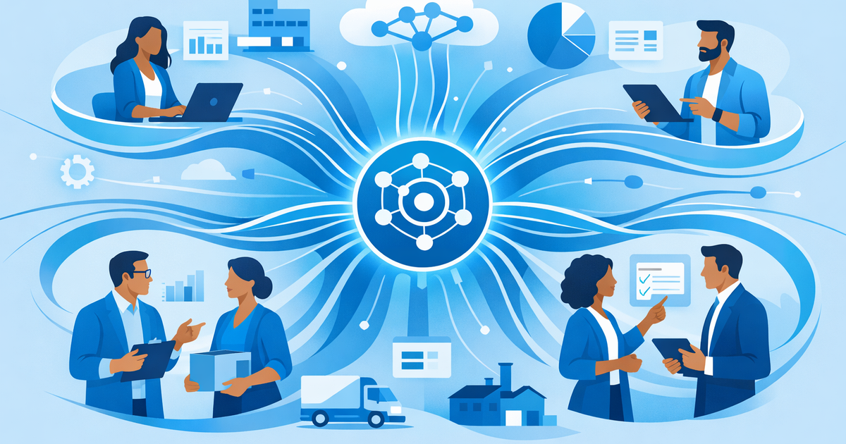 Innovazione guidata dall’AI negli ecosistemi ERP in una PMI con persone, dati e software coordinati attorno a un hub ERP cent