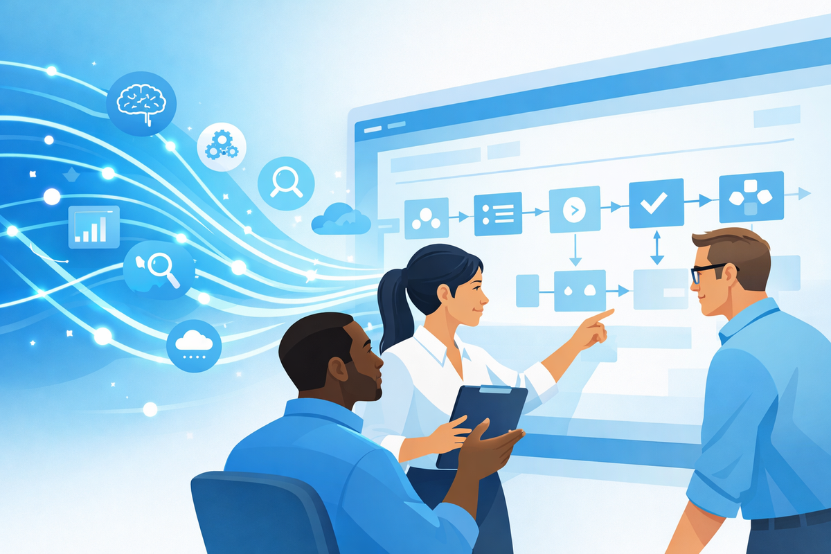 Segnali di AI che fluiscono in un cruscotto ERP mentre un team esamina i processi, innovazione guidata dall’AI negli ecosiste