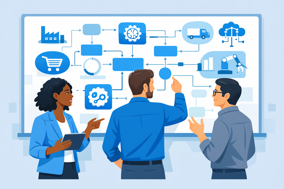 Partnership ERP per PMI che mappano processi aziendali su una lavagna, innovazione guidata dall’AI negli ecosistemi ERP