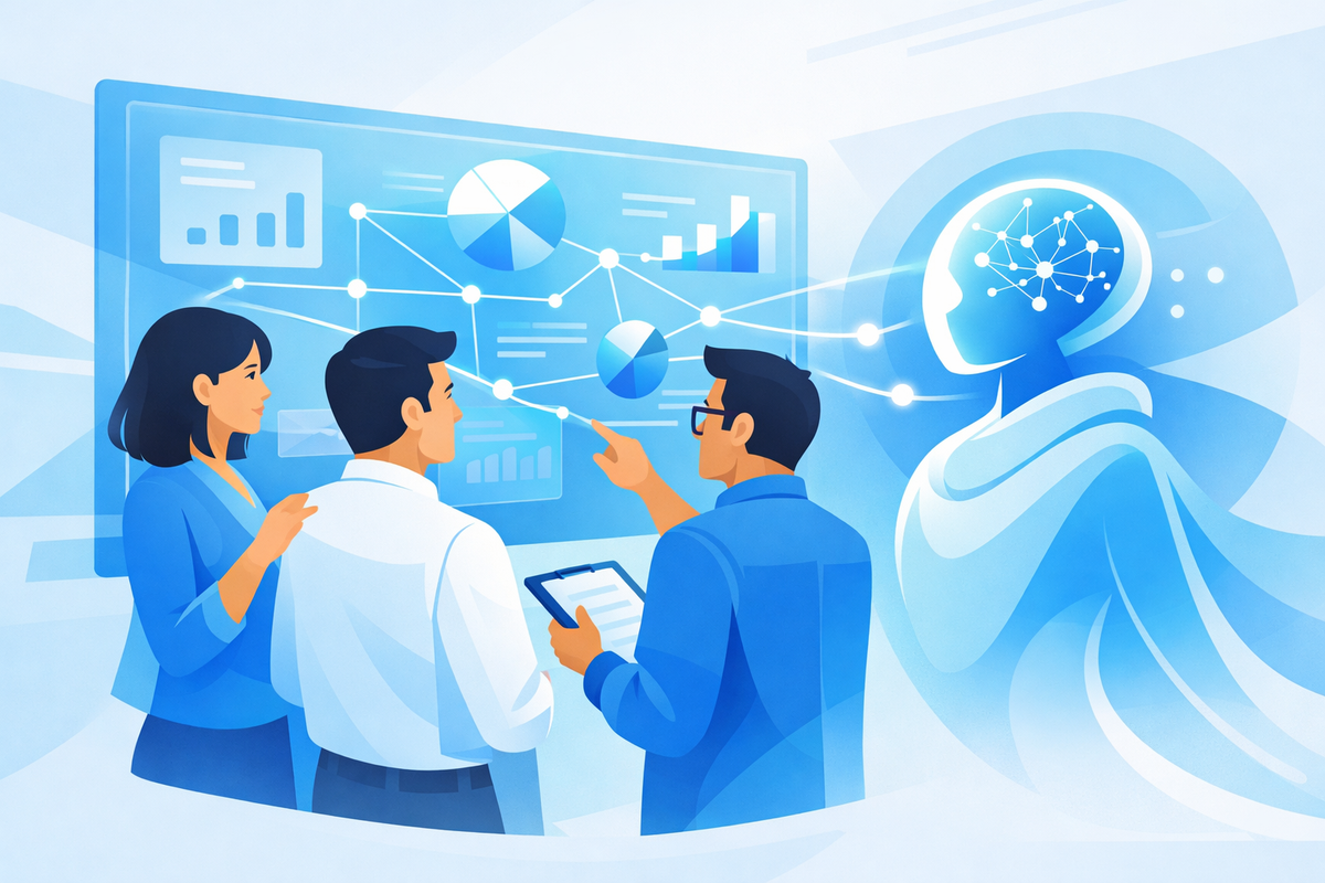 Team finance e operations che analizzano dati unificati con assistente AI, innovazione guidata dall’AI negli ecosistemi ERP