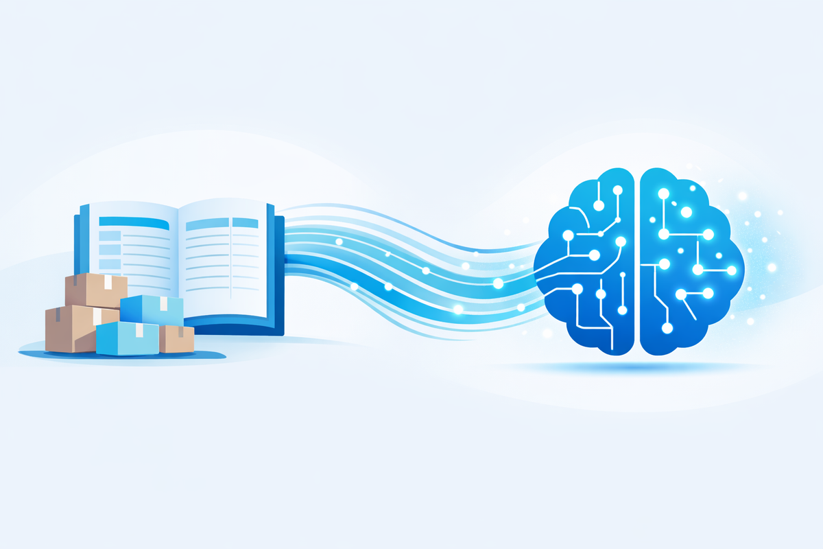 ERP ledger and warehouse boxes interpreted by an AI brain illustrating integrazione AI nei sistemi ERP for SMEs