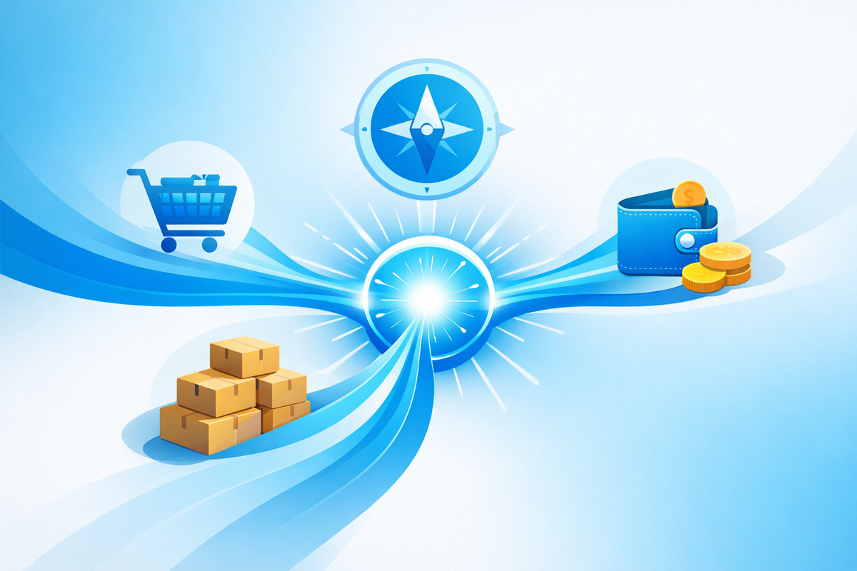Data from sales, warehouse, and finance flowing into a central ERP hub with decision compass for integrazione AI nei sistemi 
