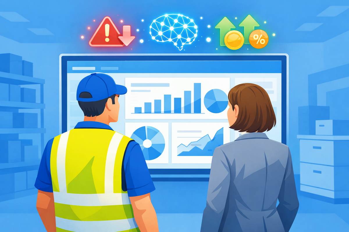 Warehouse manager and CFO reviewing ERP screen with AI highlighting stock risks and margins in integrazione AI nei sistemi ER
