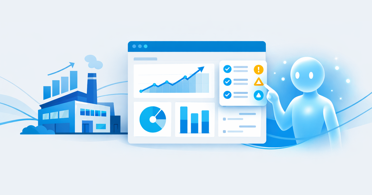 Illustration of a growing SME linking an ERP dashboard with an AI assistant highlighting priorities in integrazione AI nei si