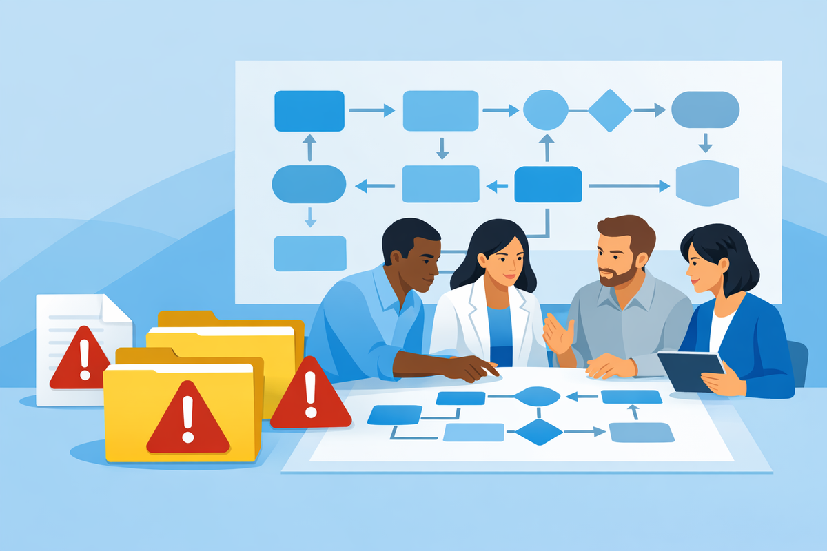 Warning signs on data folders and team aligning process map for integrazione AI nei sistemi ERP risk management