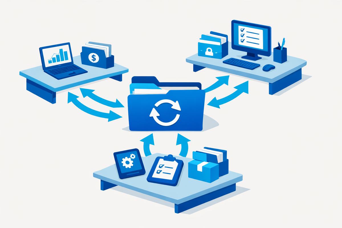 Central company record folder updating across sales, admin, and operations desks for integrazione ERP CRM gestione documental