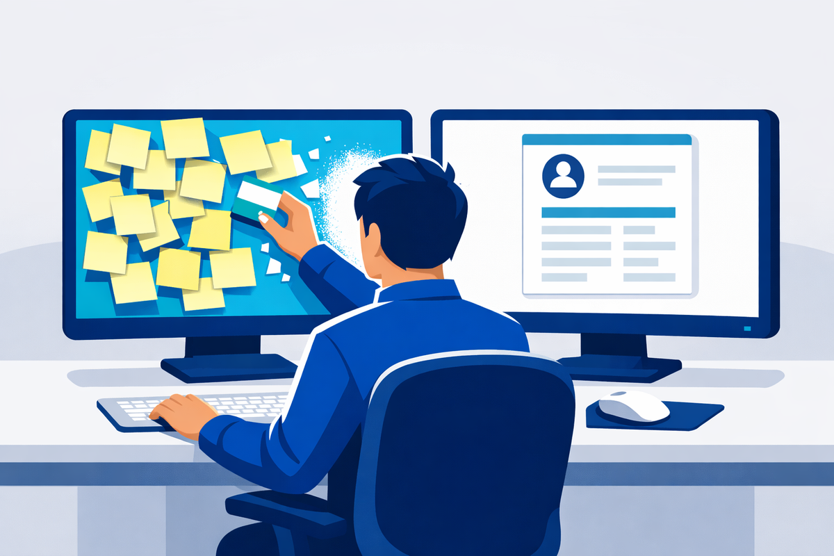 Clerk removing duplicate data notes to maintain a clean record for integrazione ERP CRM gestione documentale