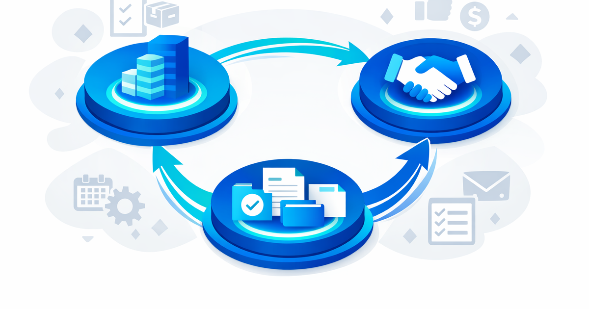 Illustration of three connected hubs representing integrazione ERP CRM gestione documentale exchanging data across department