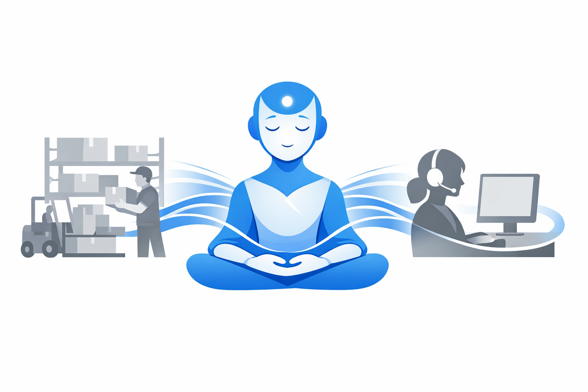 Warehouse and customer support desk connected by a calm AI assistant for Italian SME operations