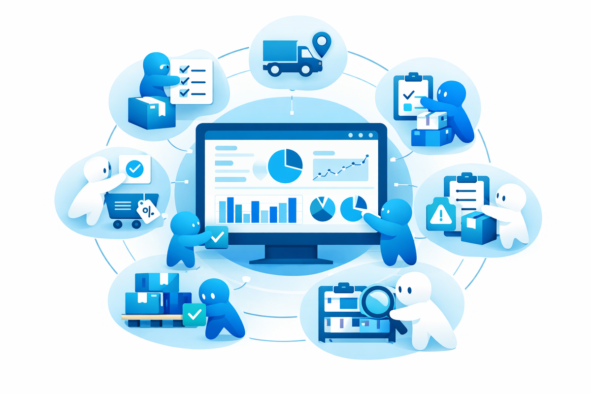 ERP dashboard as central hub with AI helpers managing orders and inventory for Italian SMEs