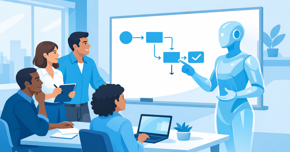 Italian SME team collaborating with an AI assistant mapping business processes for digital growth