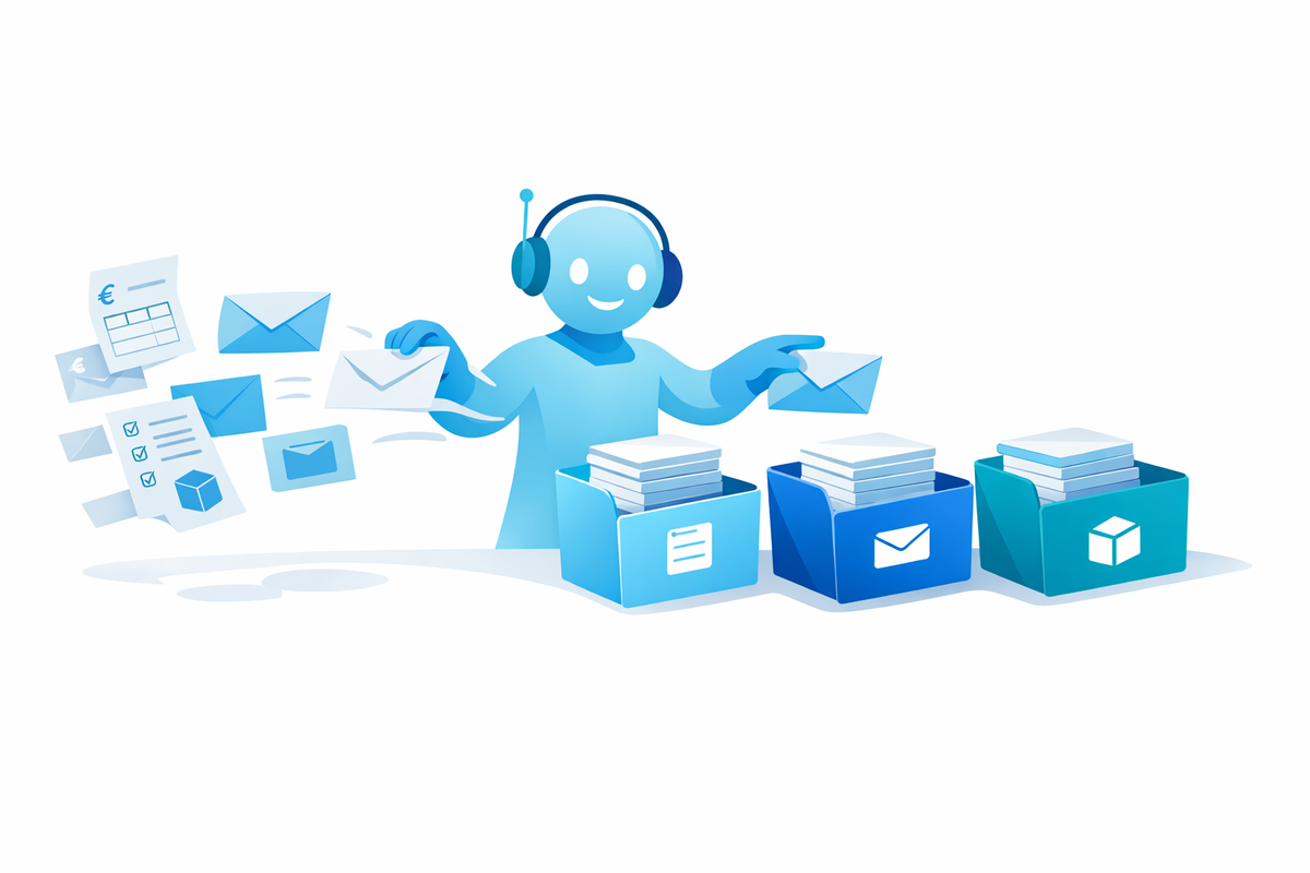 AI assistant sorting invoices, emails, and orders into organized folders for Italian SMEs