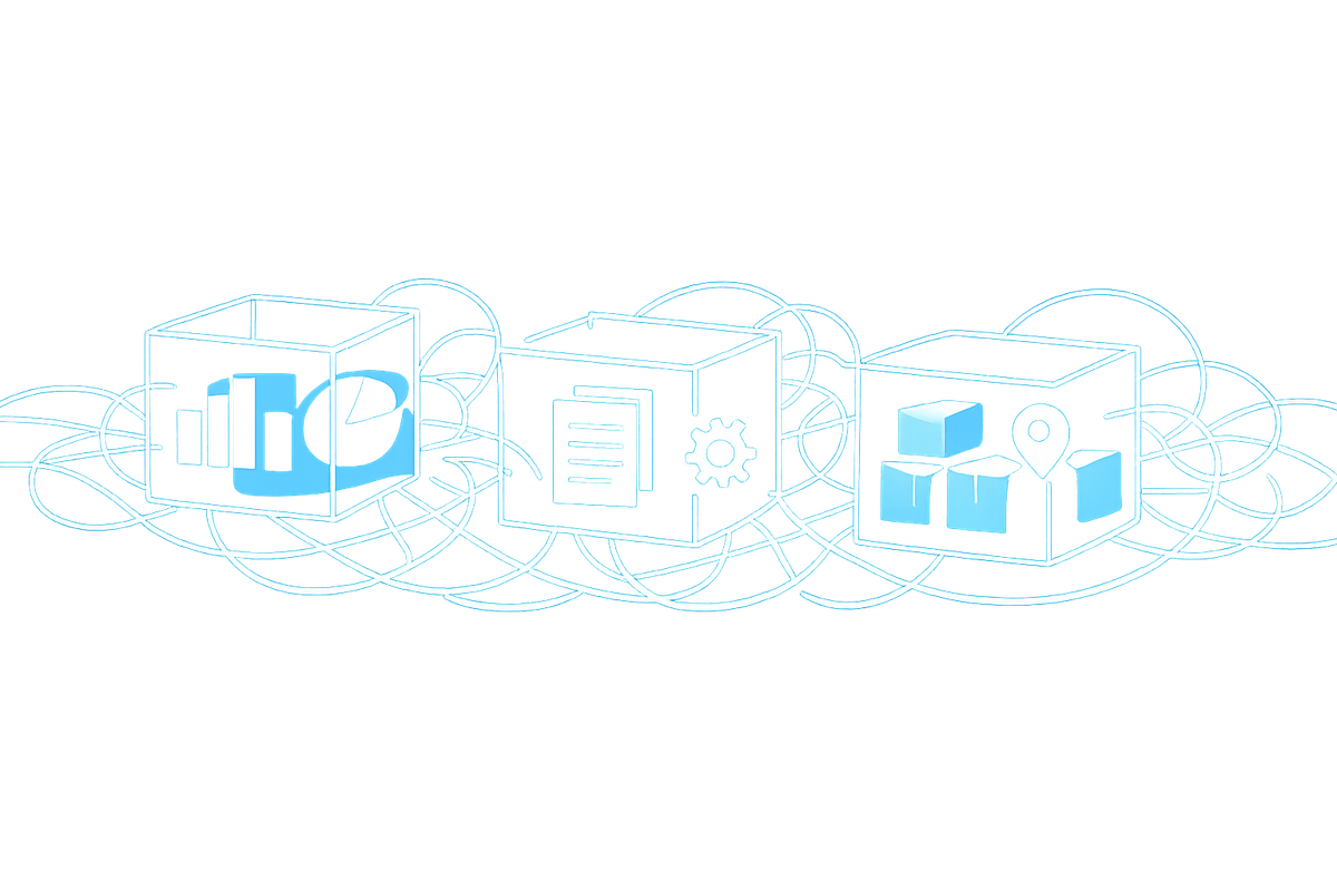 Illustration of data trapped in separate silos with tangled connections showing legacy software challenges for PMI
